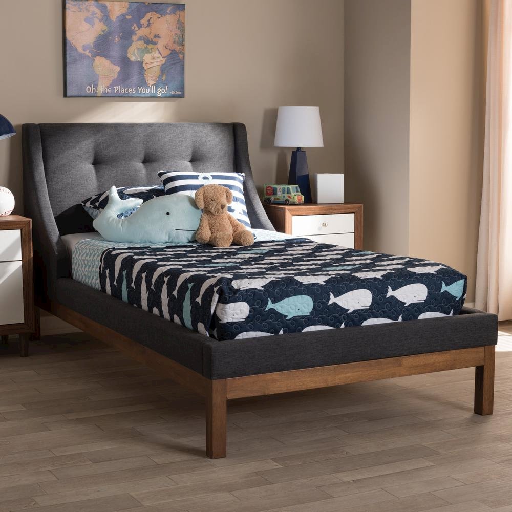 Dark Grey Fabric Upholstered Walnut-Finished Twin Sized Platform Bed. Picture 14