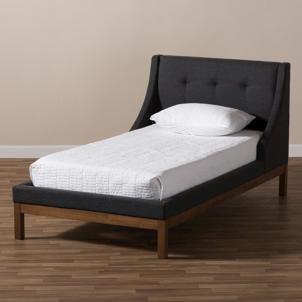 Dark Grey Fabric Upholstered Walnut-Finished Twin Sized Platform Bed. Picture 15