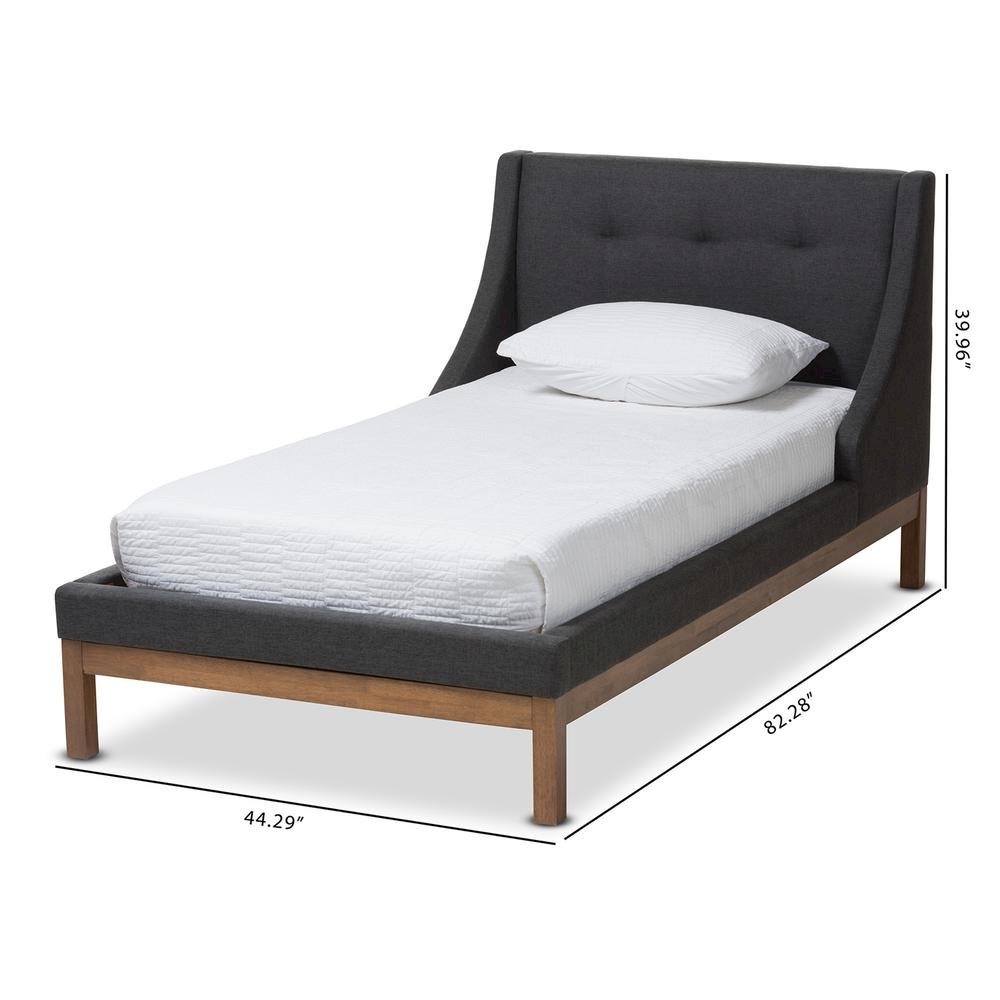 Dark Grey Fabric Upholstered Walnut-Finished Twin Sized Platform Bed. Picture 16