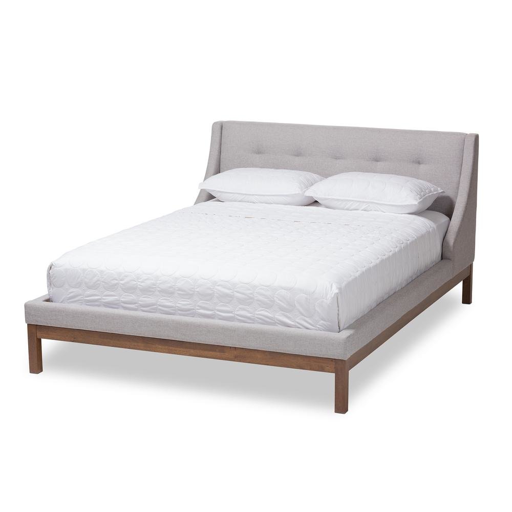 Greyish Beige Fabric Upholstered Walnut-Finished Full Sized Platform Bed. Picture 8