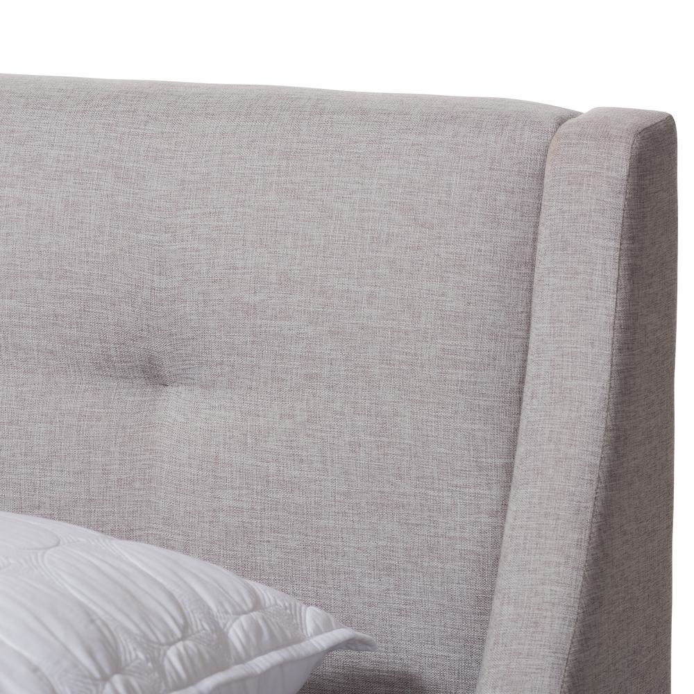 Greyish Beige Fabric Upholstered Walnut-Finished Full Sized Platform Bed. Picture 11