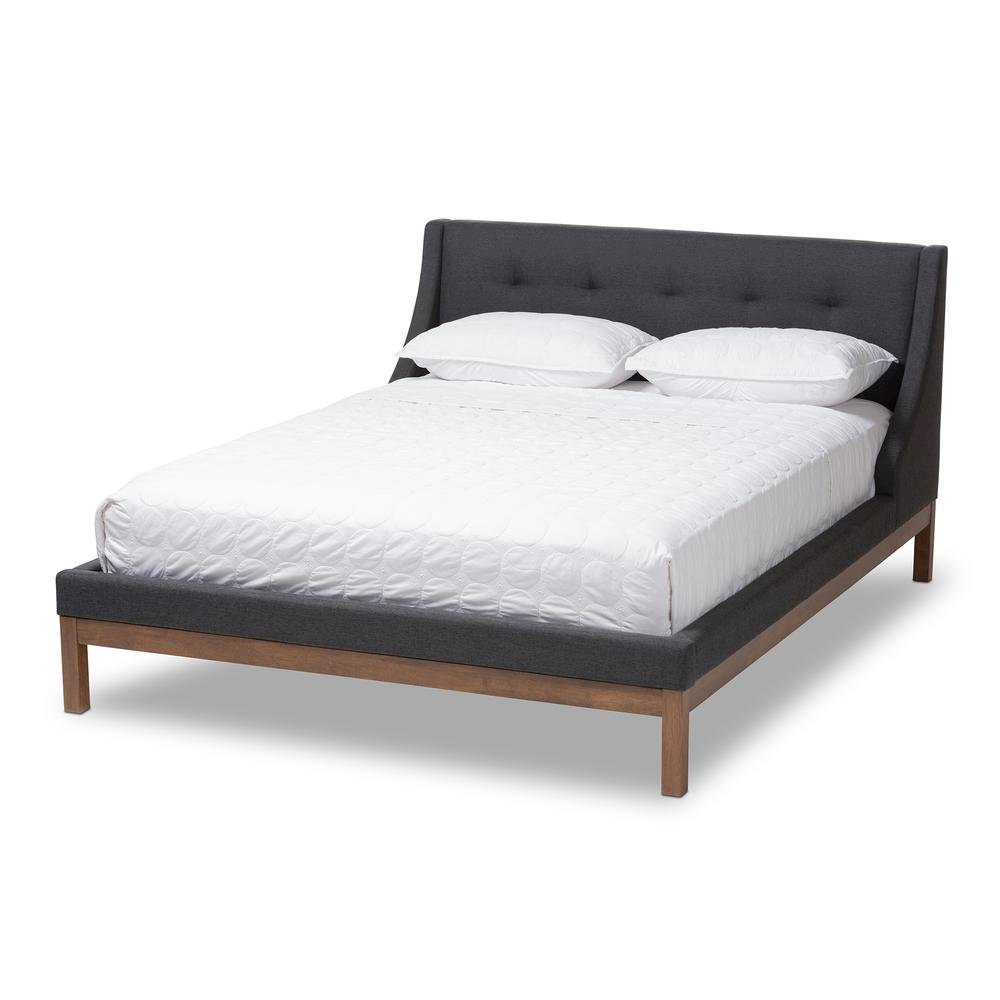 Dark Grey Fabric Upholstered Walnut-Finished Full Sized Platform Bed. Picture 8