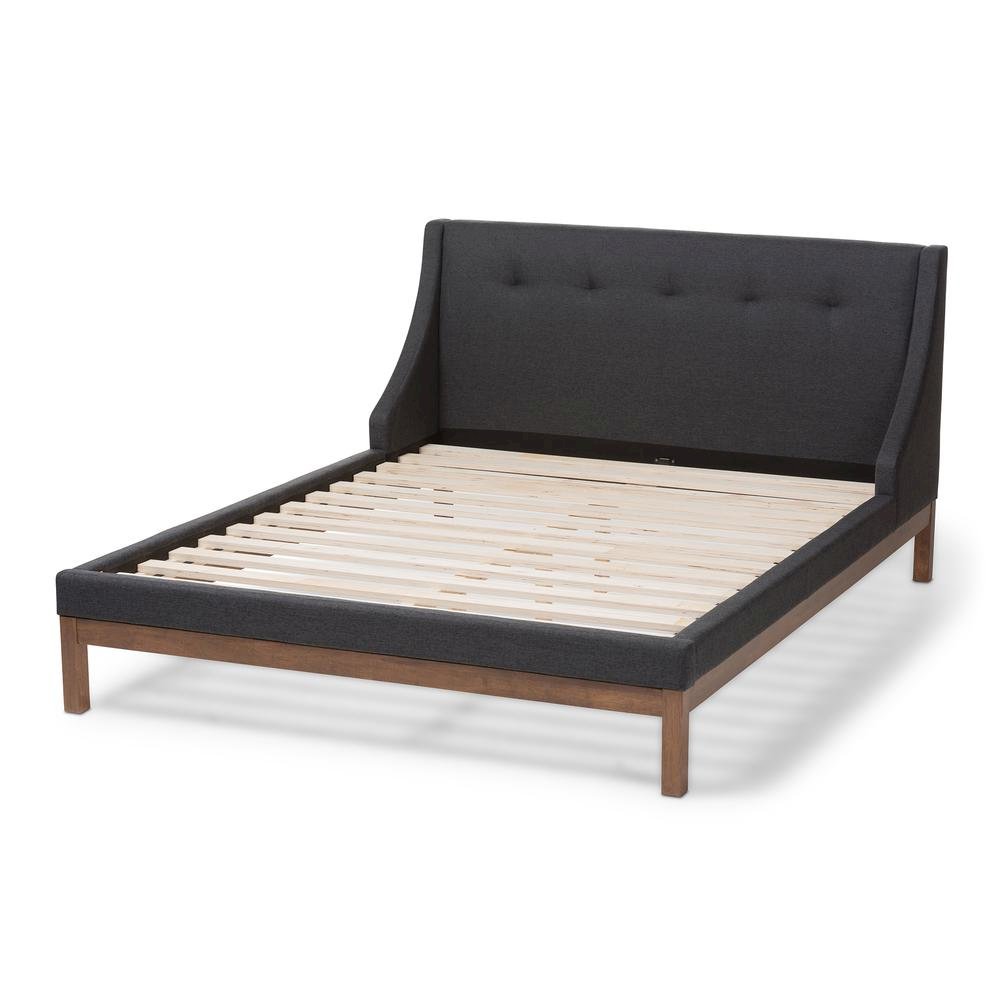 Dark Grey Fabric Upholstered Walnut-Finished Full Sized Platform Bed. Picture 10