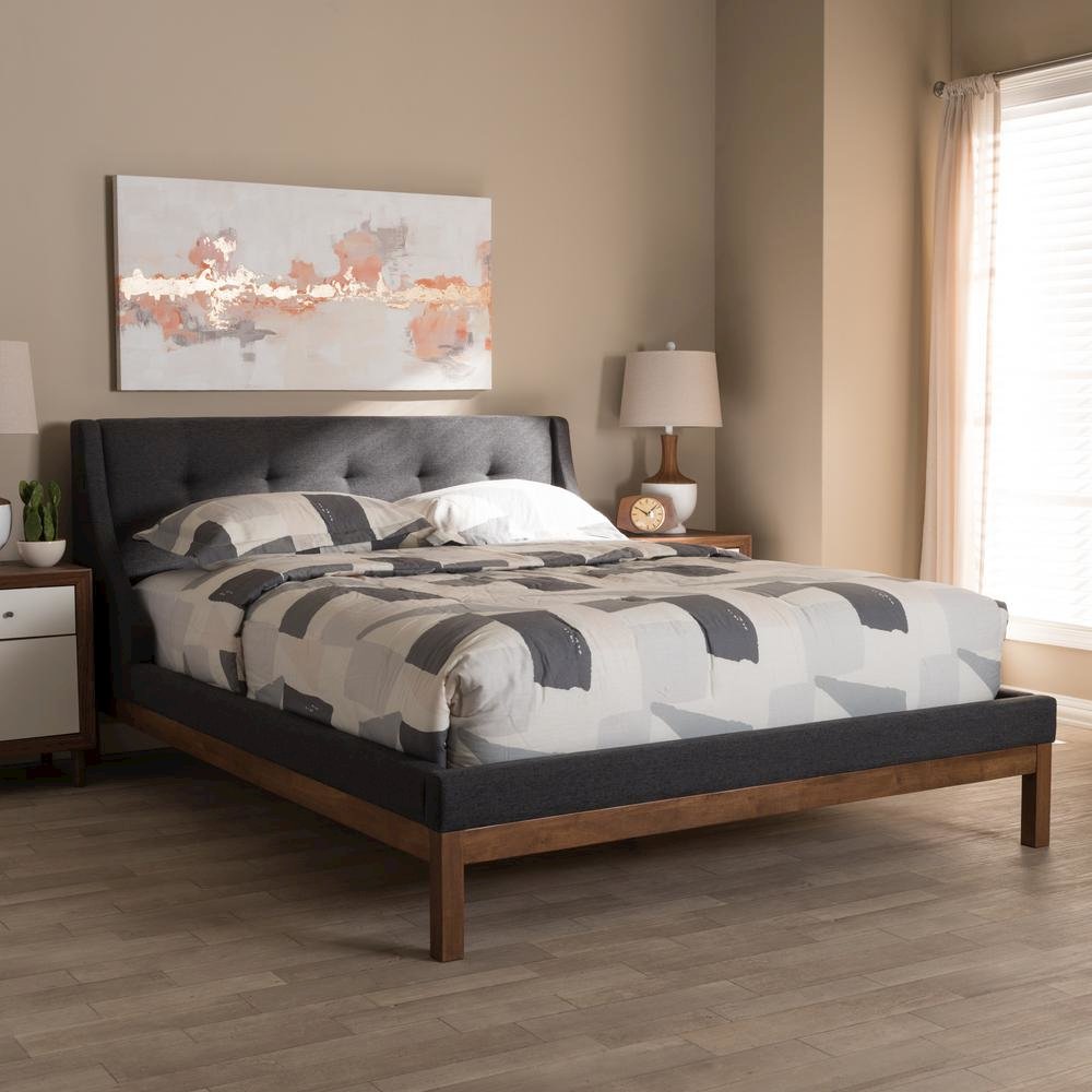 Dark Grey Fabric Upholstered Walnut-Finished Full Sized Platform Bed. Picture 13
