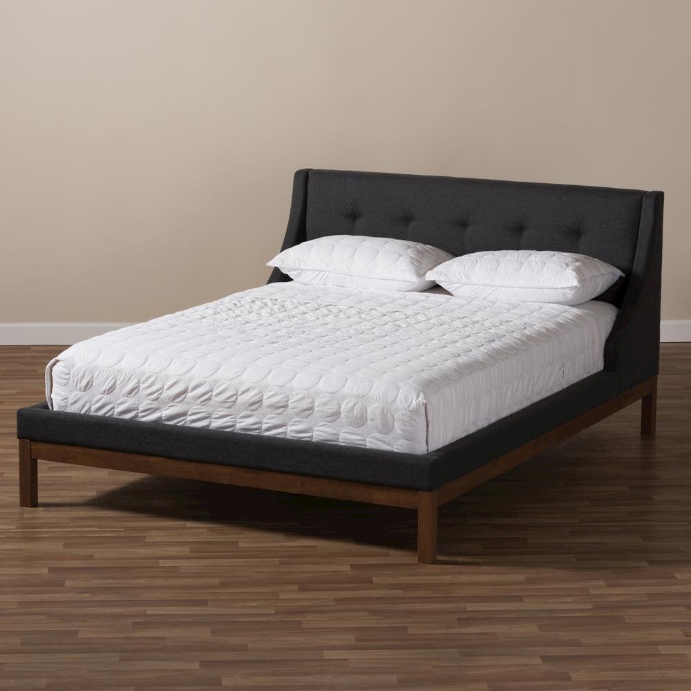 Dark Grey Fabric Upholstered Walnut-Finished Full Sized Platform Bed. Picture 14