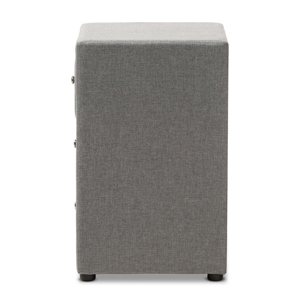 Tessa Modern and Contemporary Grey Fabric Upholstered 3-Drawer Nightstand. Picture 13