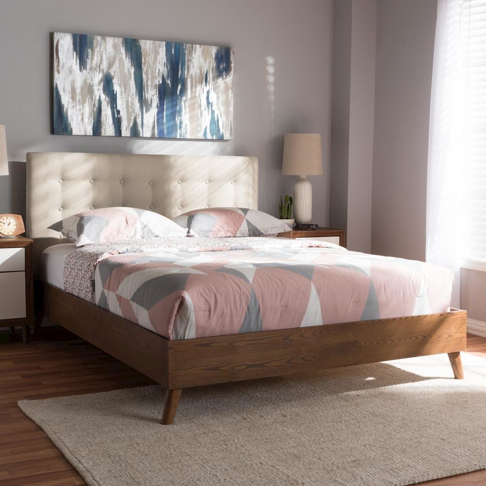 Light Beige Fabric Upholstered Walnut Wood King Size Platform Bed. Picture 14