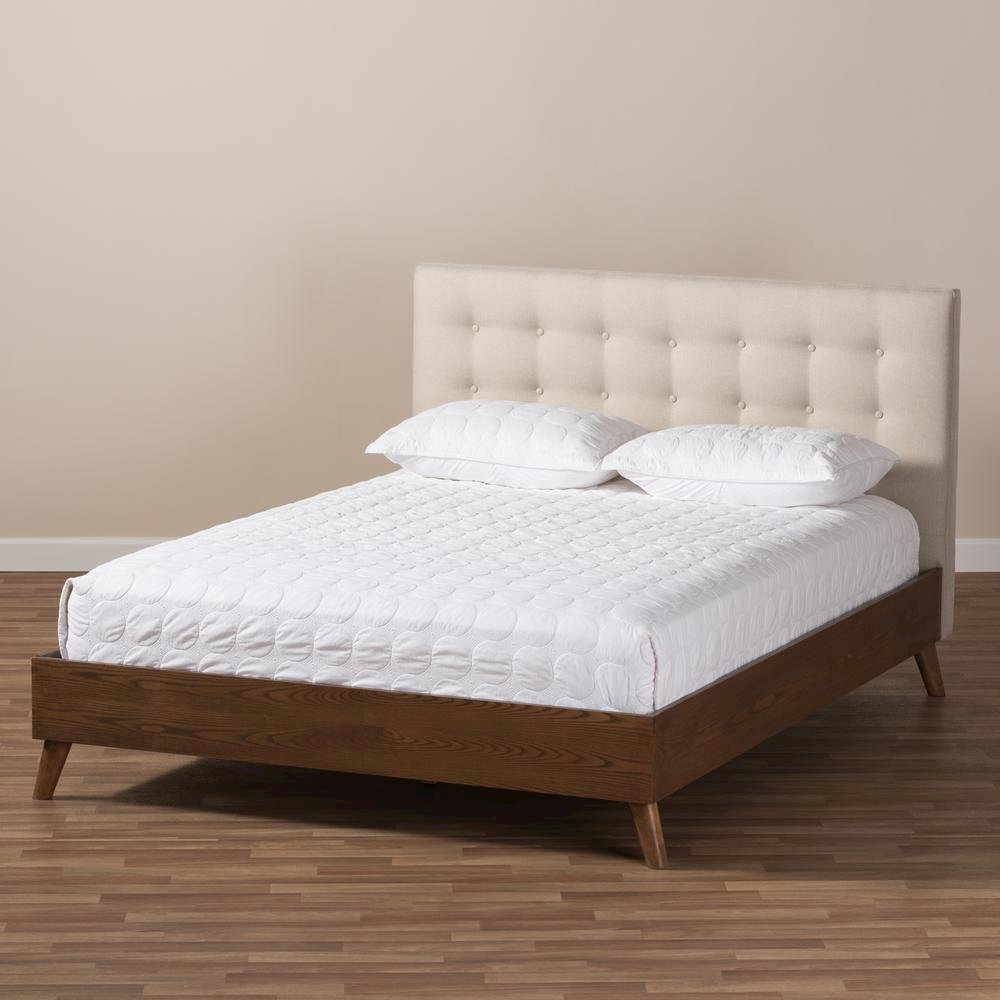 Light Beige Fabric Upholstered Walnut Wood King Size Platform Bed. Picture 15
