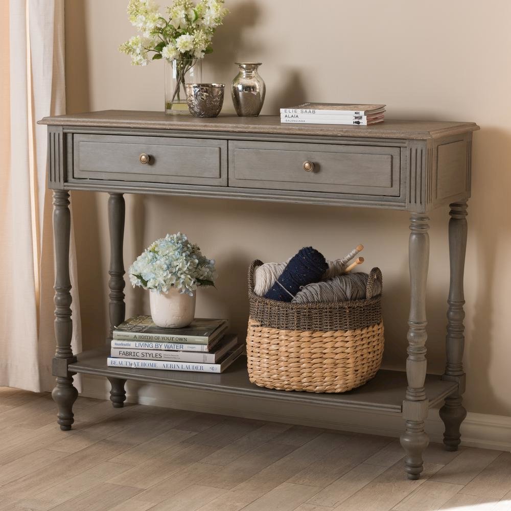 Noemie Country Cottage Farmhouse Brown Finished 2-Drawer Console Table. Picture 18