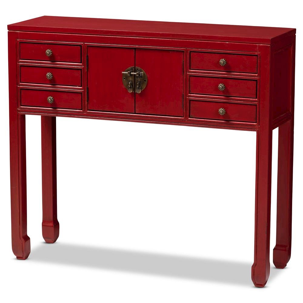 Antique Red Finished Wood Bronze Finished Accents 6-Drawer Console Table. Picture 11