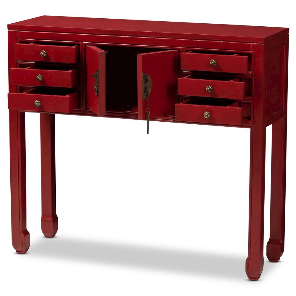 Antique Red Finished Wood Bronze Finished Accents 6-Drawer Console Table. Picture 12