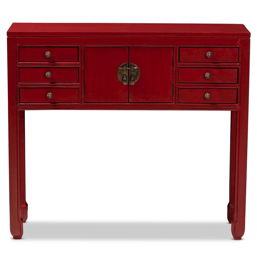 Antique Red Finished Wood Bronze Finished Accents 6-Drawer Console Table. Picture 13