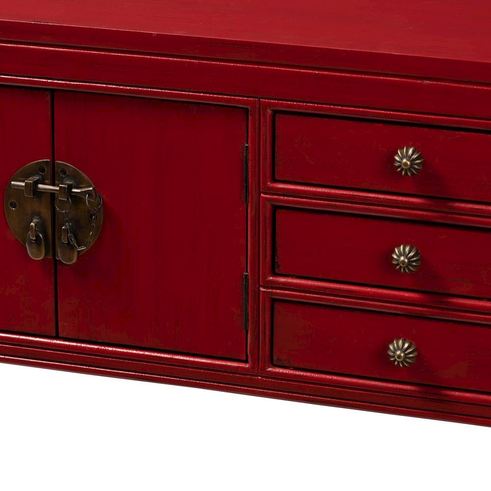 Antique Red Finished Wood Bronze Finished Accents 6-Drawer Console Table. Picture 16