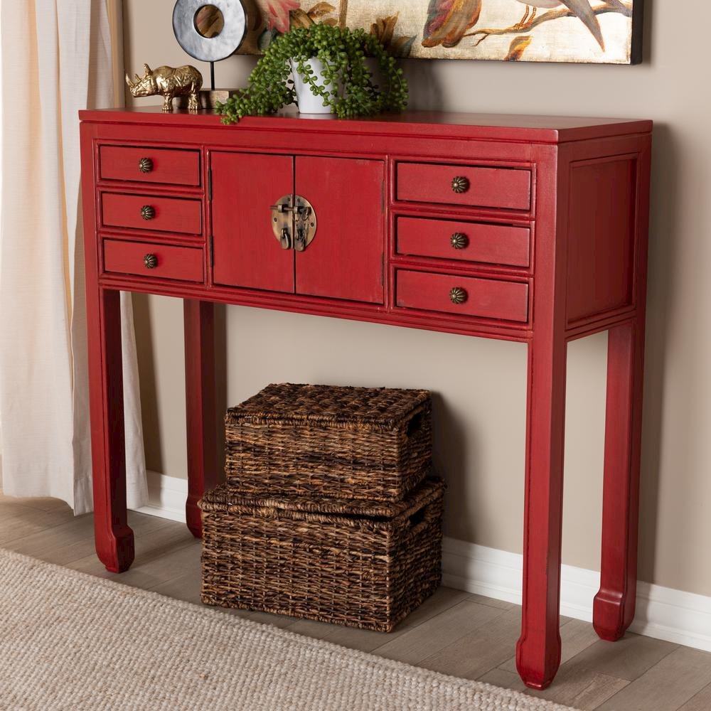Antique Red Finished Wood Bronze Finished Accents 6-Drawer Console Table. Picture 18