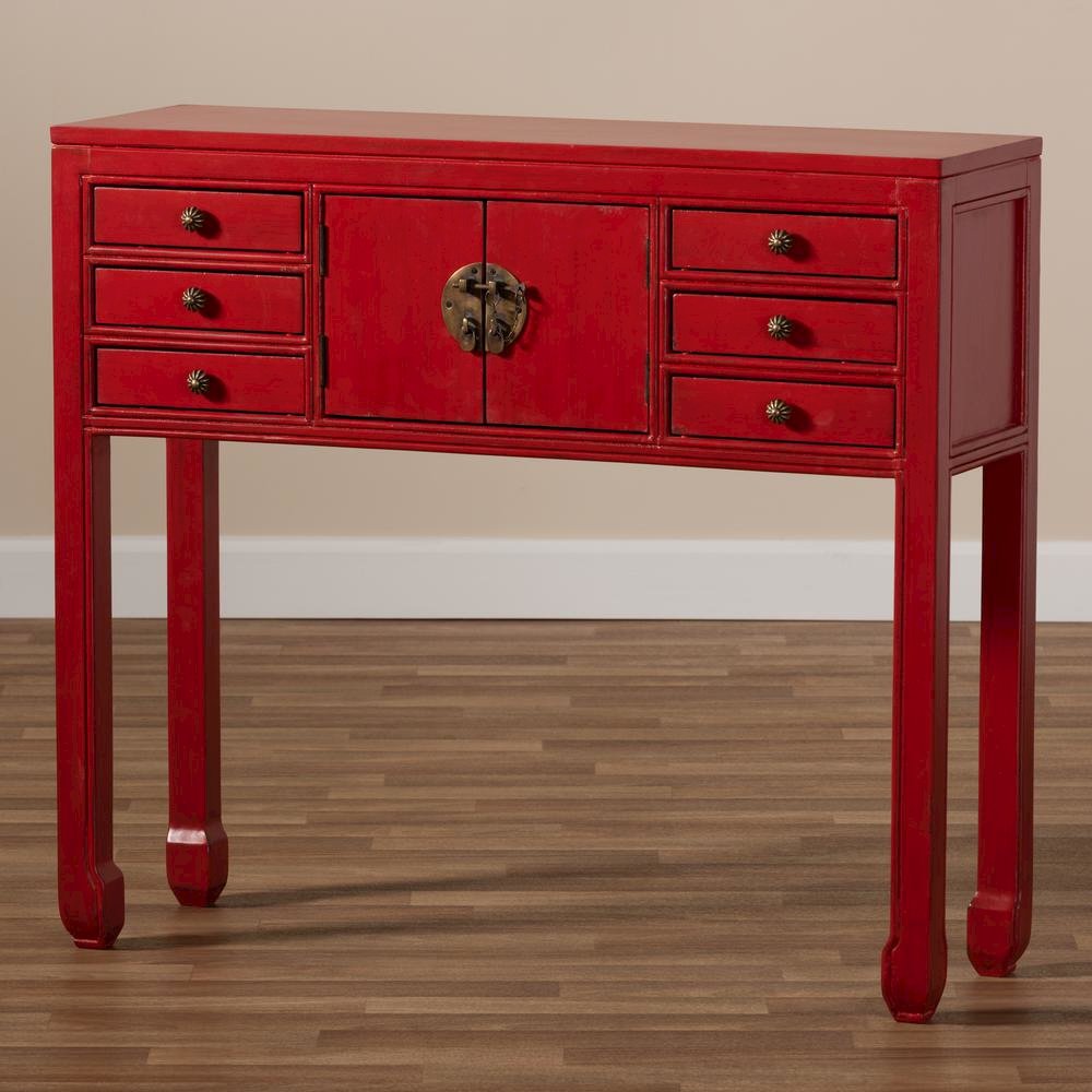 Antique Red Finished Wood Bronze Finished Accents 6-Drawer Console Table. Picture 19