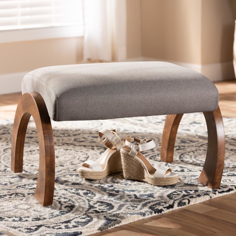 Grey Fabric Upholstered Walnut Brown Finished Wood Ottoman. Picture 12