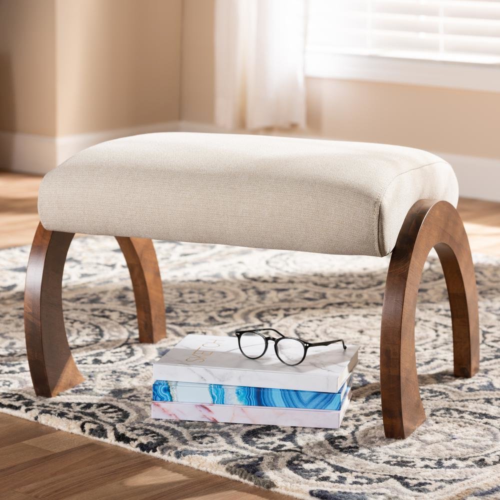 Light Beige Fabric Upholstered Walnut Brown Finished Wood Ottoman. Picture 12