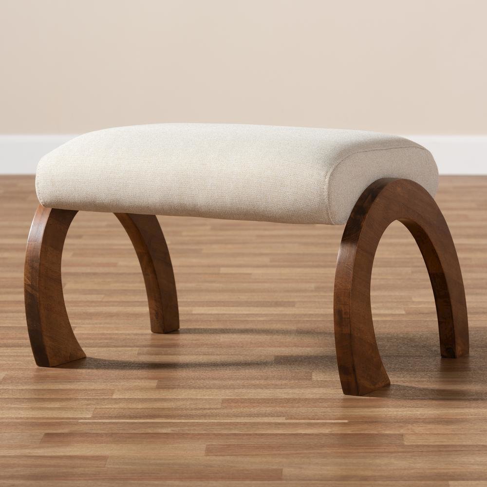 Light Beige Fabric Upholstered Walnut Brown Finished Wood Ottoman. Picture 13