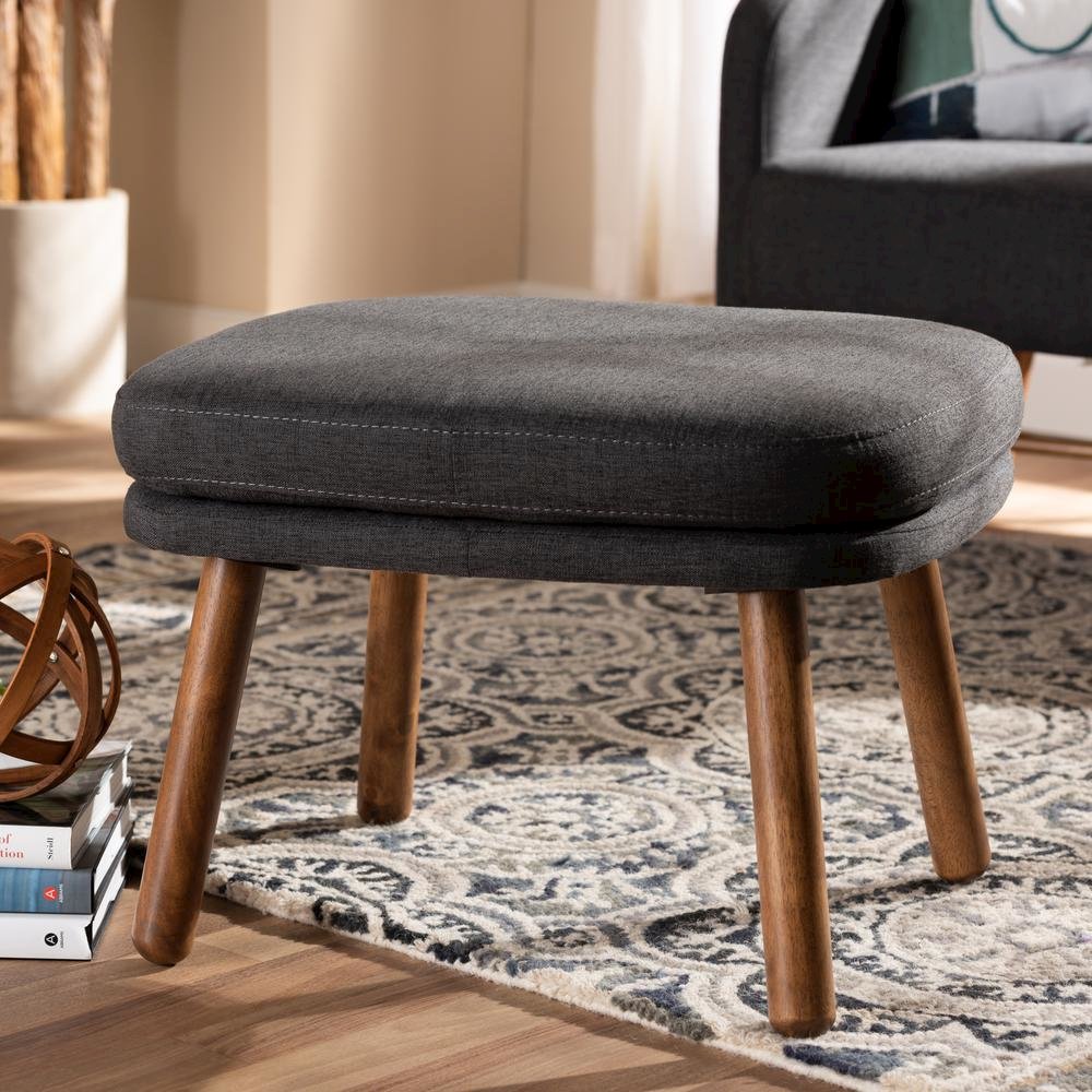Dark Grey Fabric Upholstered Walnut Brown Finished Wood Ottoman. Picture 12