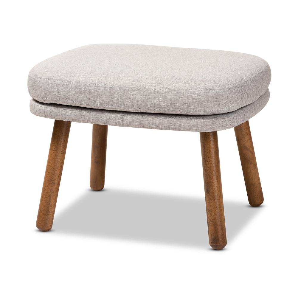 Greyish Beige Fabric Upholstered Walnut Brown Finished Wood Ottoman. Picture 8