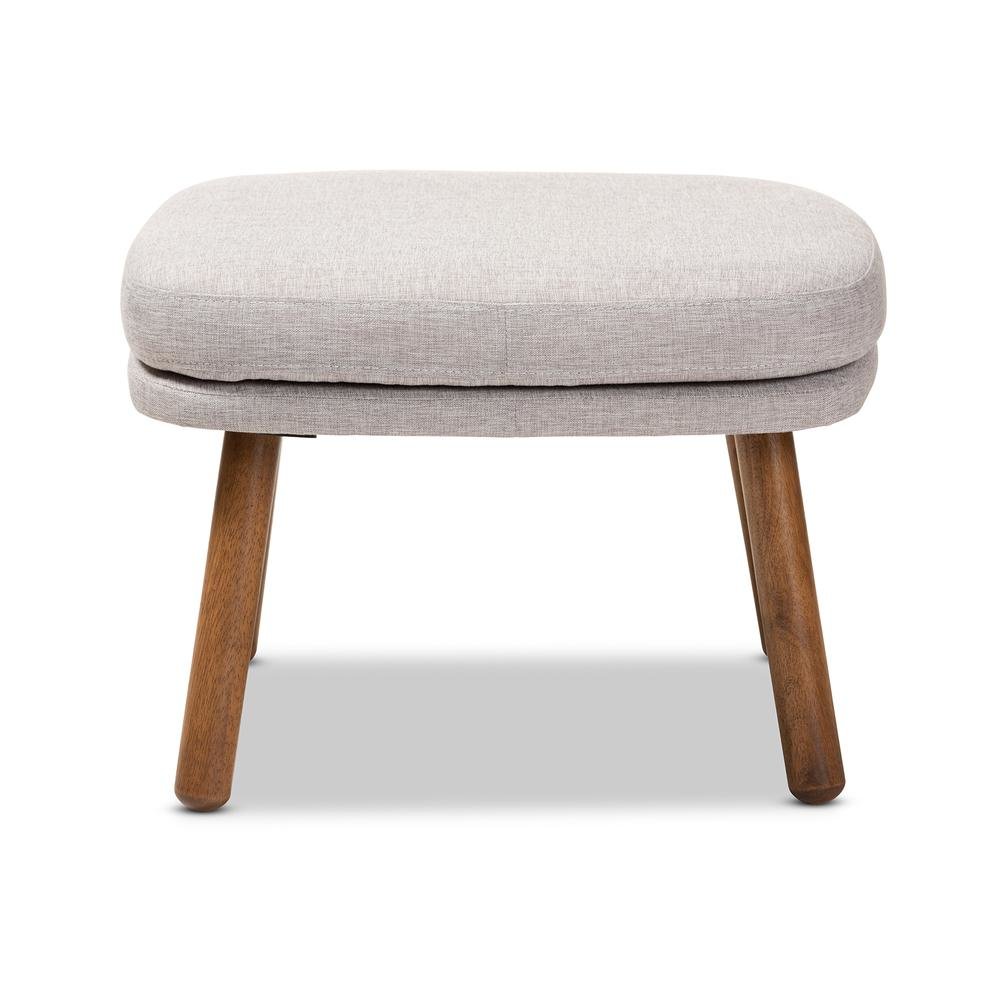 Greyish Beige Fabric Upholstered Walnut Brown Finished Wood Ottoman. Picture 9