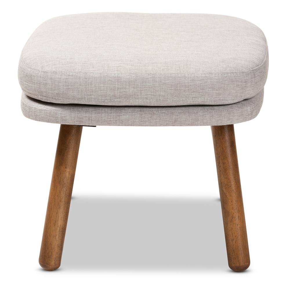 Greyish Beige Fabric Upholstered Walnut Brown Finished Wood Ottoman. Picture 10