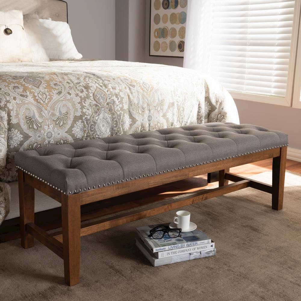 Grey Fabric Upholstered Walnut Finished Solid Rubberwood Bench. Picture 18