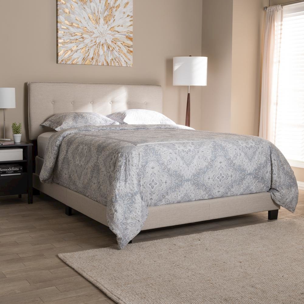 Audrey Modern and Contemporary Light Beige Fabric Upholstered Full Size Bed. Picture 16