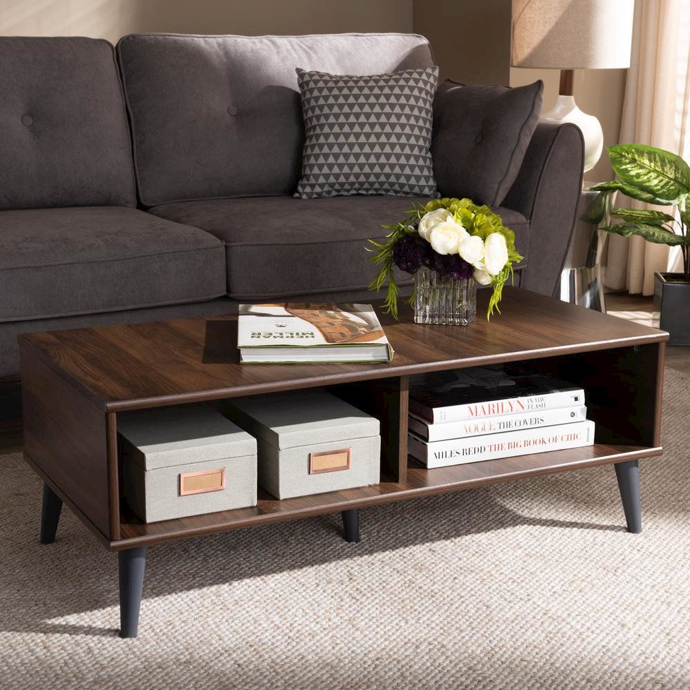 Pierre Mid-Century Modern Brown and Dark Grey Finished Wood Coffee Table. Picture 12