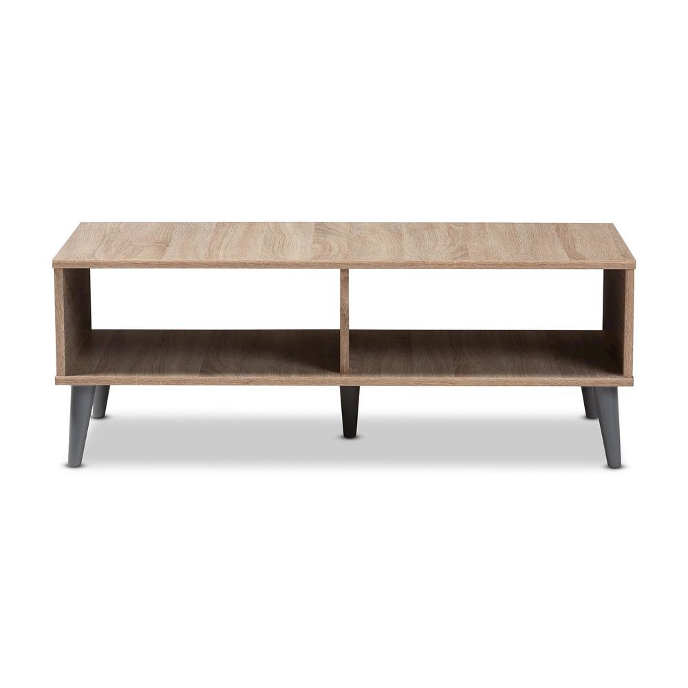 Pierre Mid-Century Modern Oak and Light Grey Finished Wood Coffee Table. Picture 2