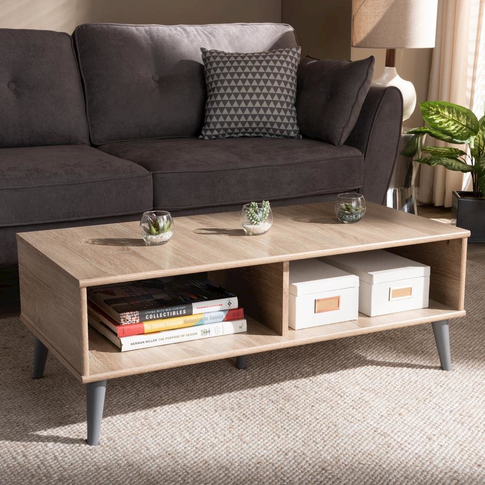 Pierre Mid-Century Modern Oak and Light Grey Finished Wood Coffee Table. Picture 5