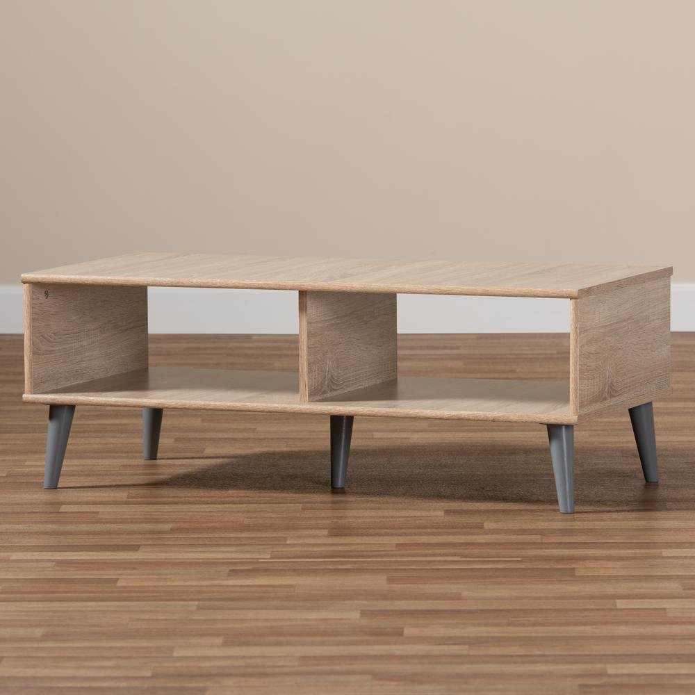 Pierre Mid-Century Modern Oak and Light Grey Finished Wood Coffee Table. Picture 6