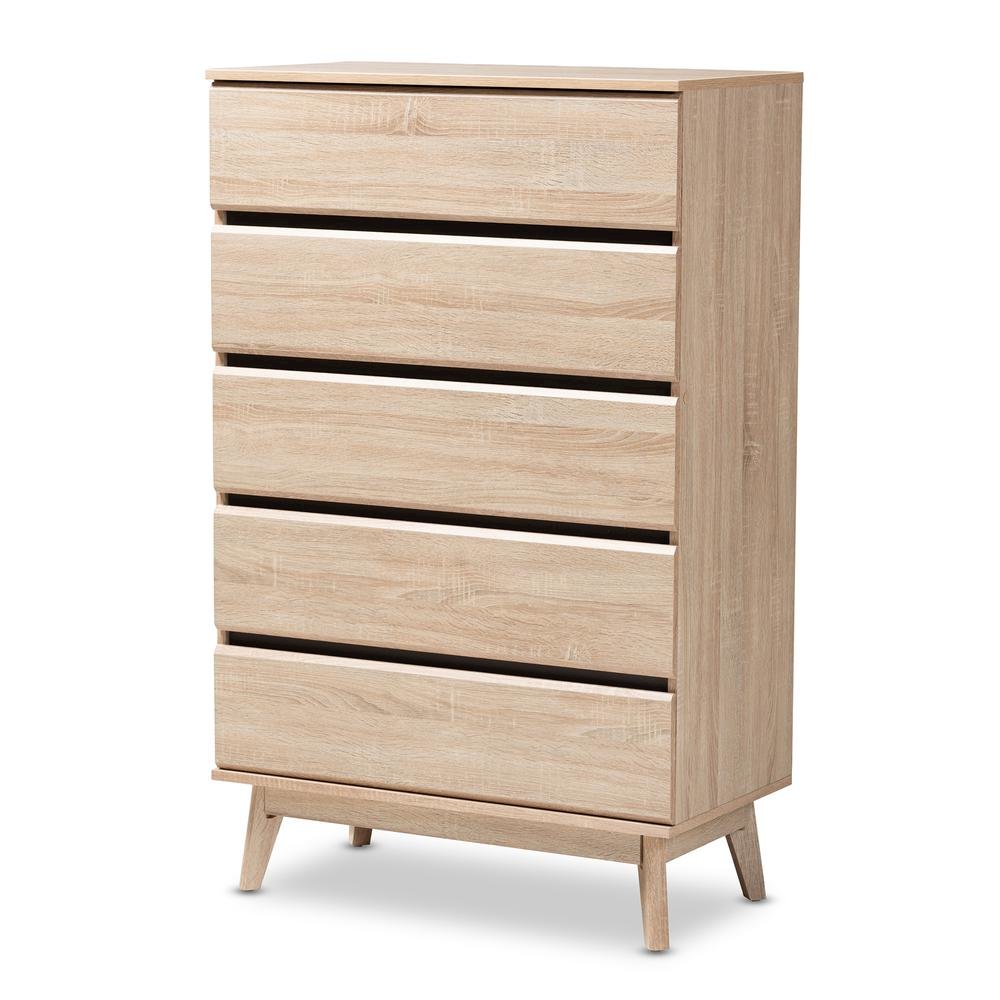 Baxton Studio Miren Mid-Century Modern Light Oak and Dark Grey 5-Drawer Chest. Picture 11