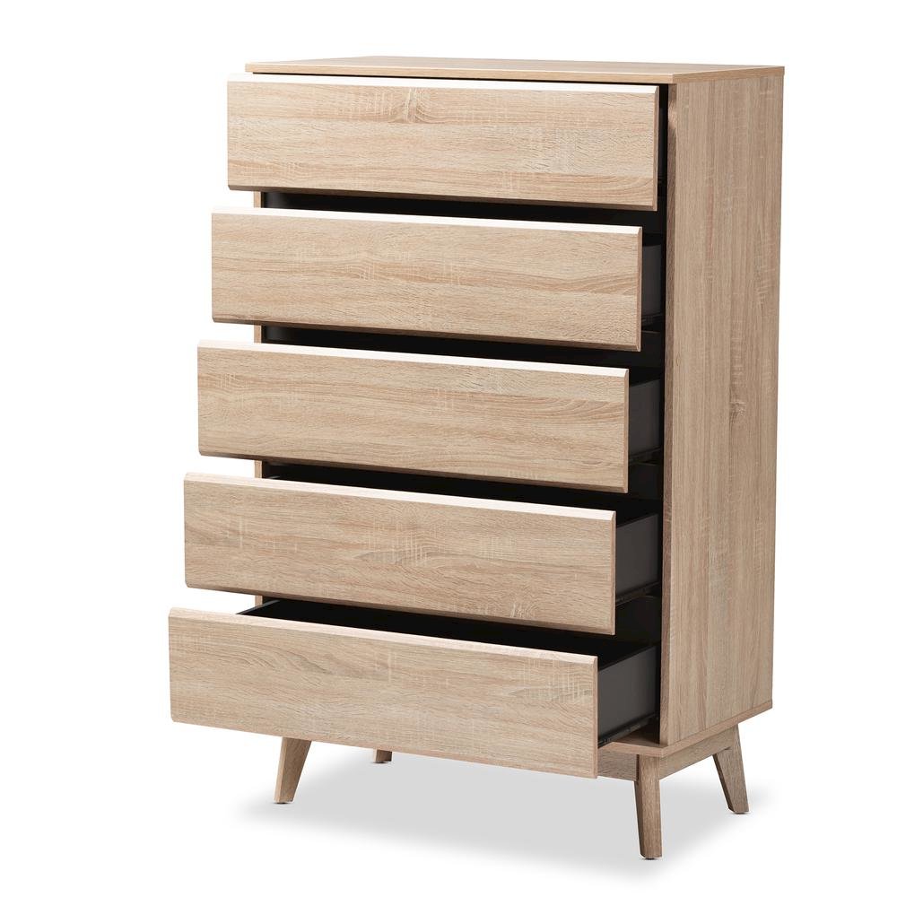 Baxton Studio Miren Mid-Century Modern Light Oak and Dark Grey 5-Drawer Chest. Picture 12