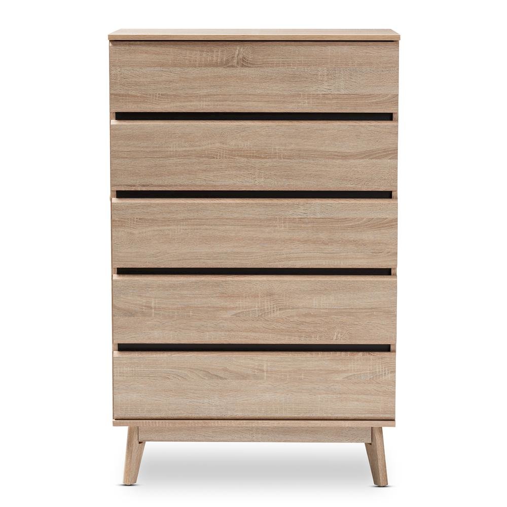 Baxton Studio Miren Mid-Century Modern Light Oak and Dark Grey 5-Drawer Chest. Picture 13