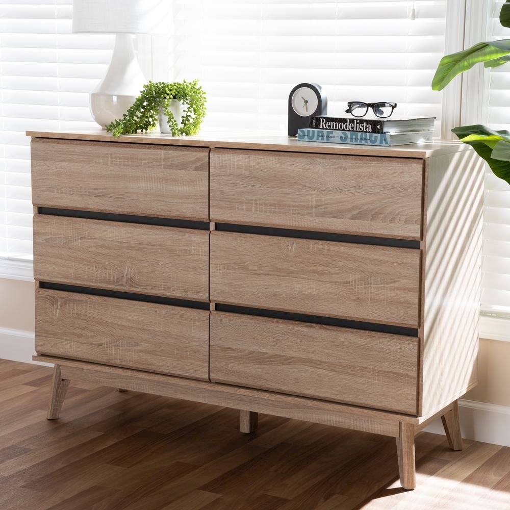 Baxton Studio Miren Mid-Century Modern Light Oak and Dark Grey 6-Drawer Dresser. Picture 18