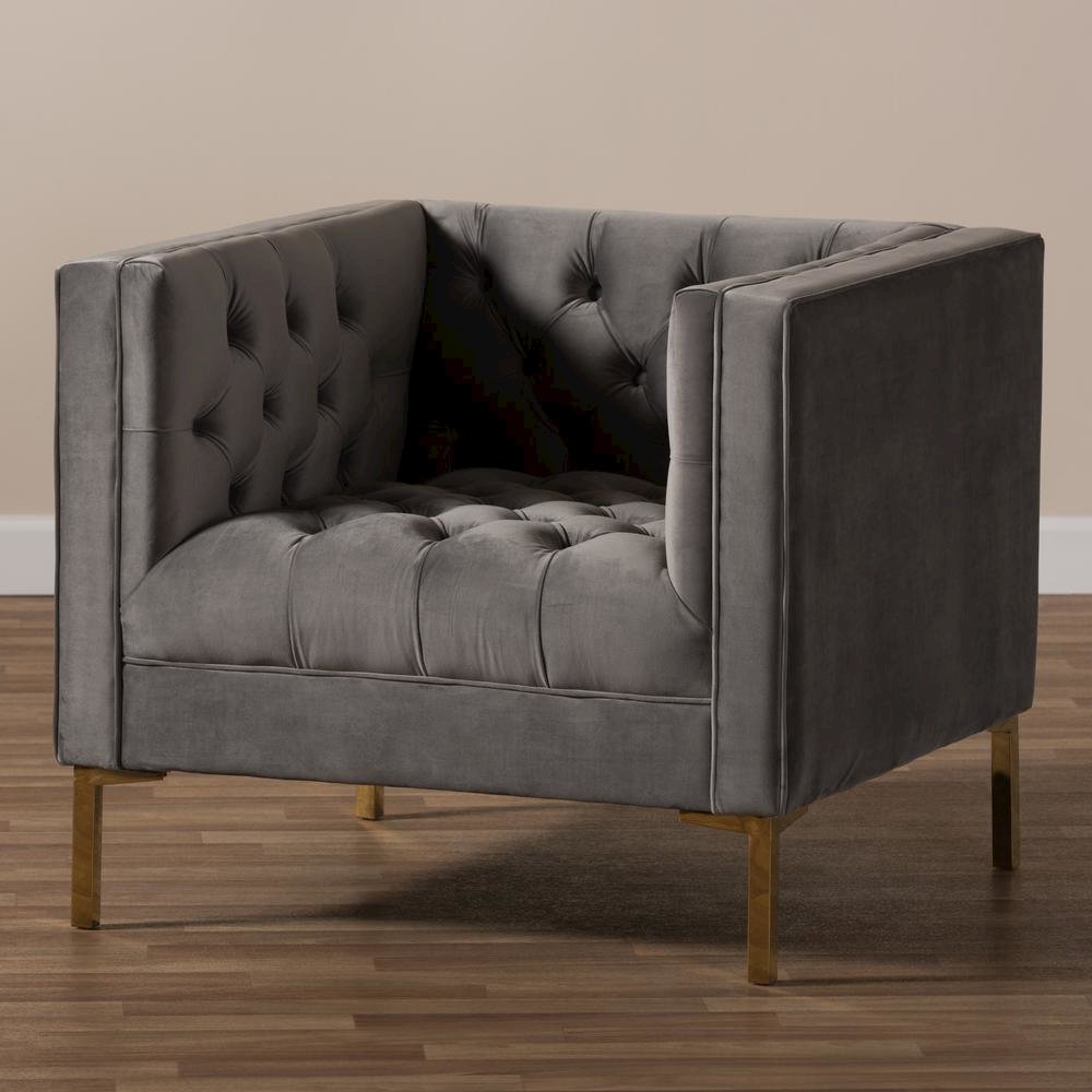 Zanetta Luxe and Glamour Grey Velvet Upholstered Gold Finished Lounge Chair. Picture 17