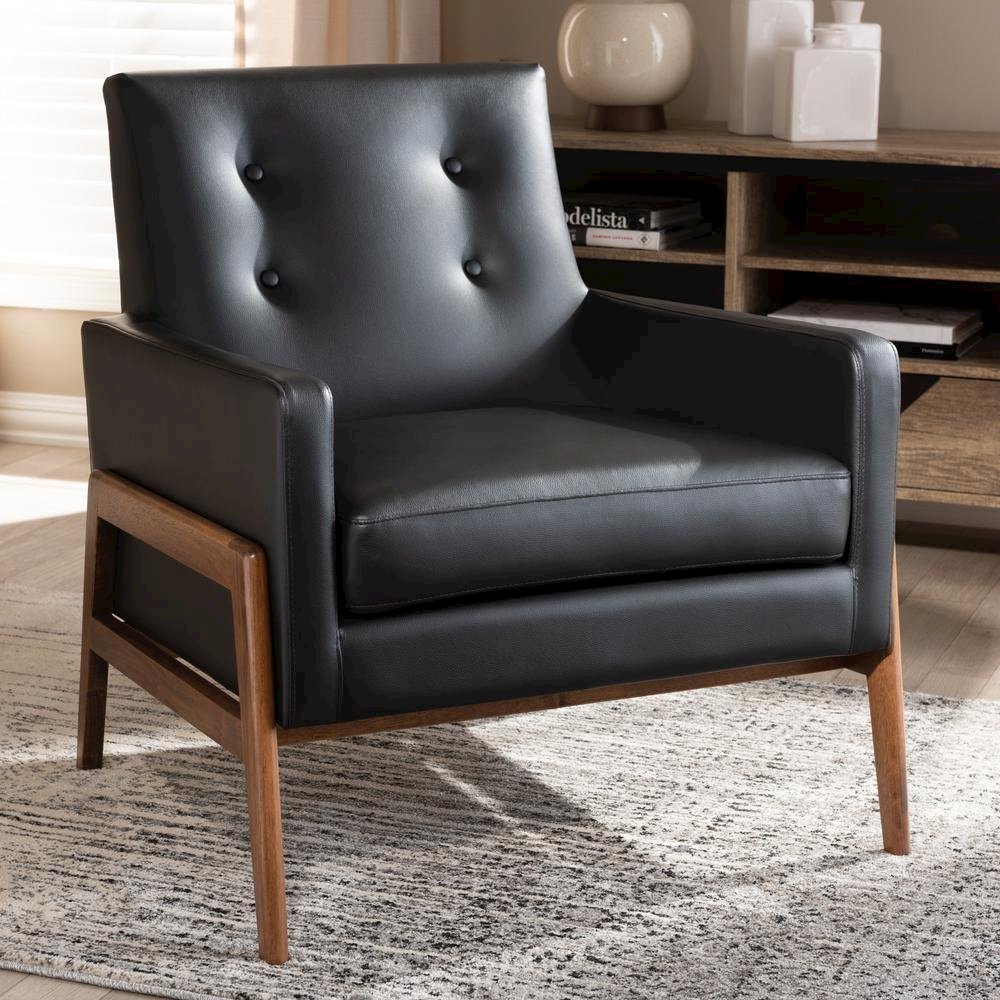 Leather Upholstered Walnut Wood Lounge Chair. Picture 15