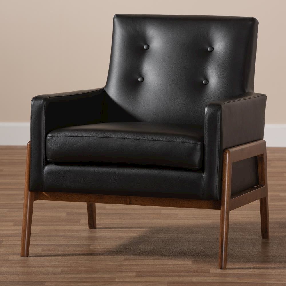 Leather Upholstered Walnut Wood Lounge Chair. Picture 16