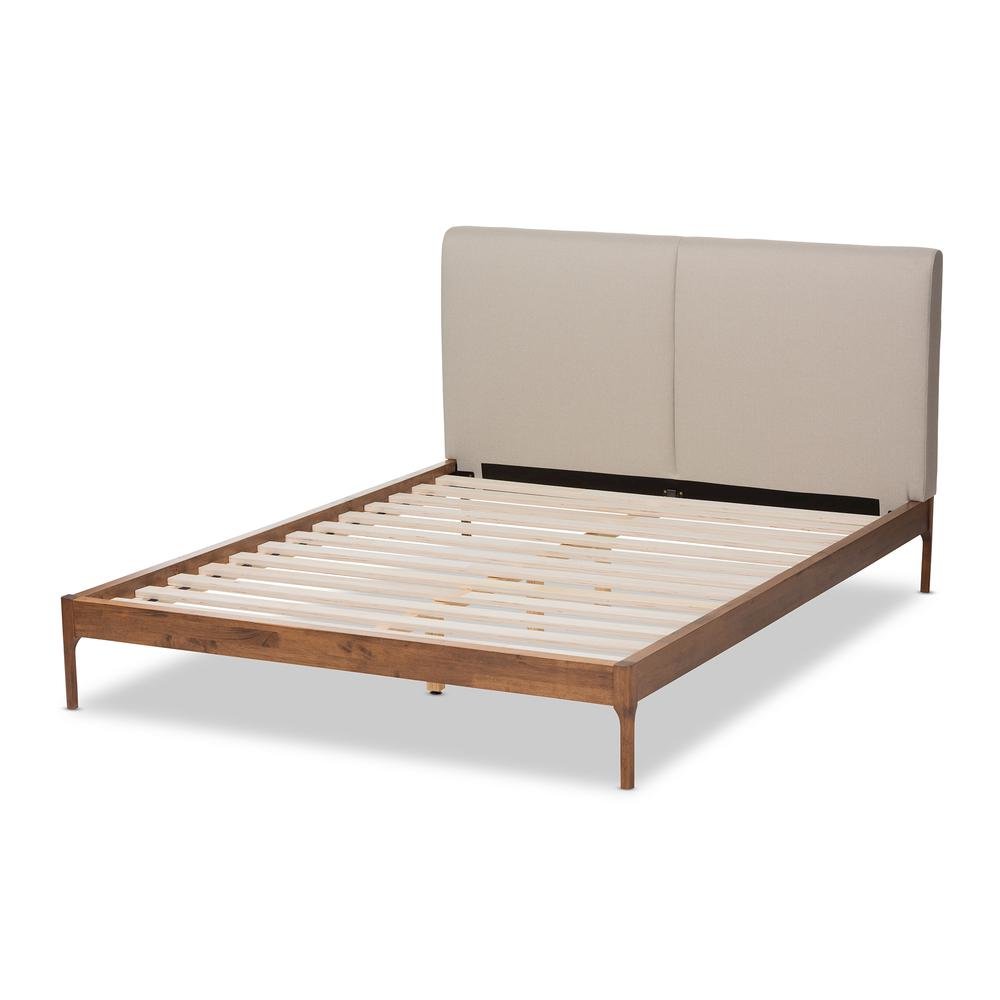 Beige Fabric Upholstered Walnut Finished Full Size Platform Bed. Picture 13