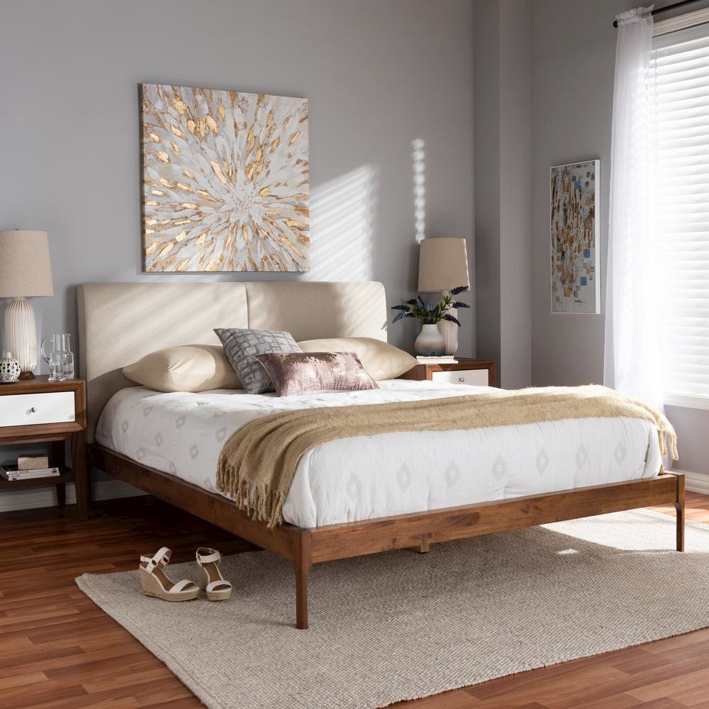 Beige Fabric Upholstered Walnut Finished Full Size Platform Bed. Picture 16