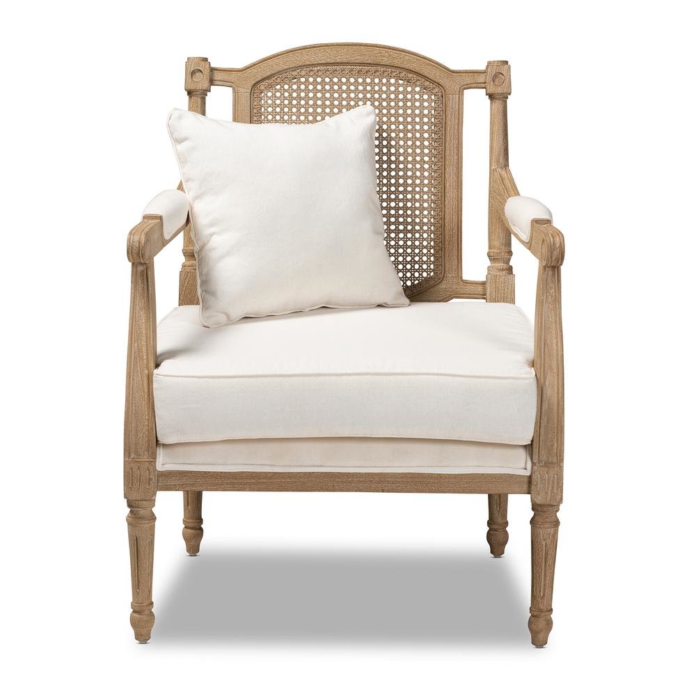 Clemence French Provincial Ivory Fabric Upholstered Whitewashed Wood Armchair. Picture 12
