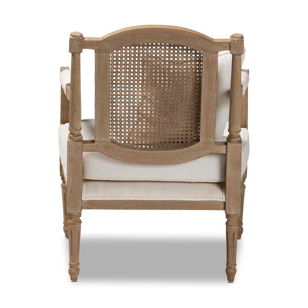 Clemence French Provincial Ivory Fabric Upholstered Whitewashed Wood Armchair. Picture 14