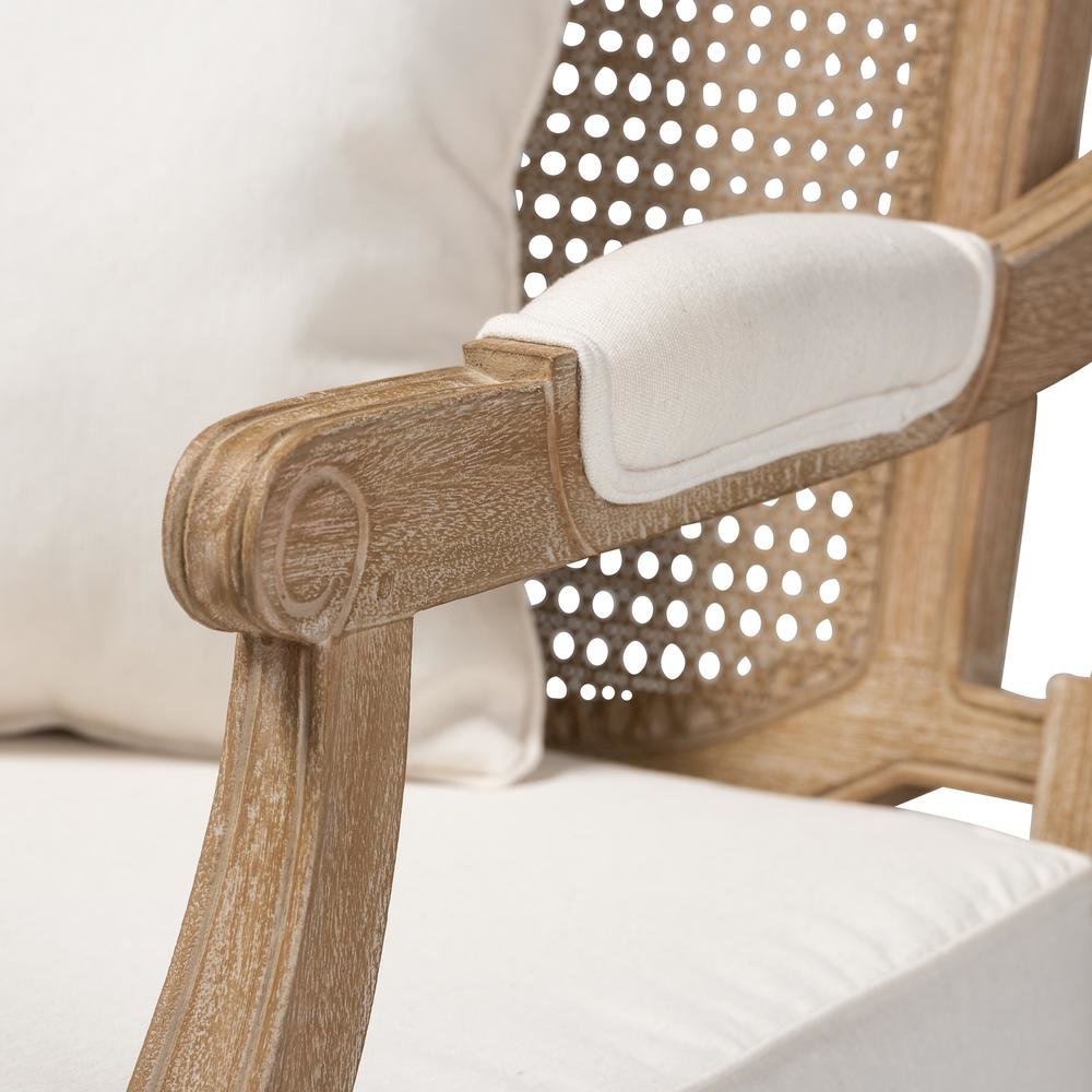 Clemence French Provincial Ivory Fabric Upholstered Whitewashed Wood Armchair. Picture 16
