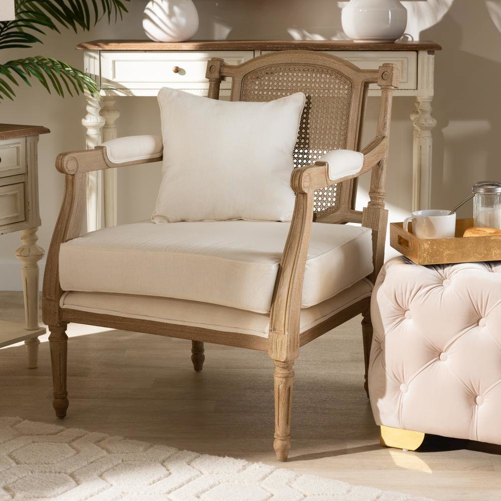 Clemence French Provincial Ivory Fabric Upholstered Whitewashed Wood Armchair. Picture 18