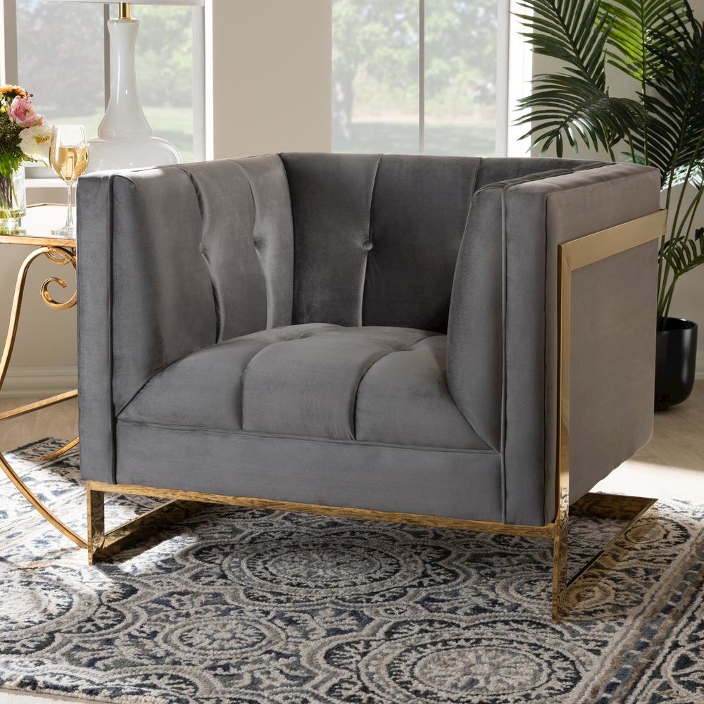 Button Tufted Armchair with Gold-Tone Frame. Picture 11