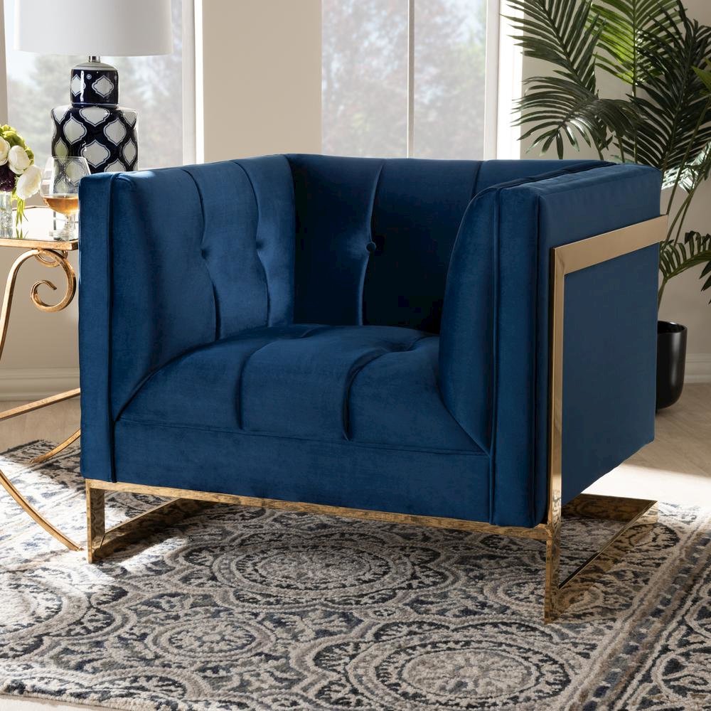 Button Tufted Armchair with Gold-Tone Frame. Picture 11