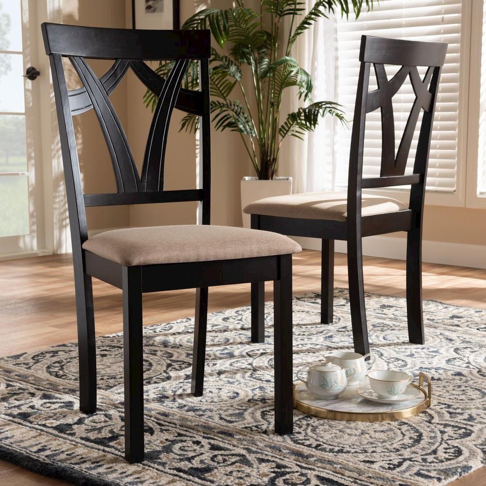 Sand Fabric Upholstered and Espresso Brown Finished Dining Chair Set of 2. Picture 12