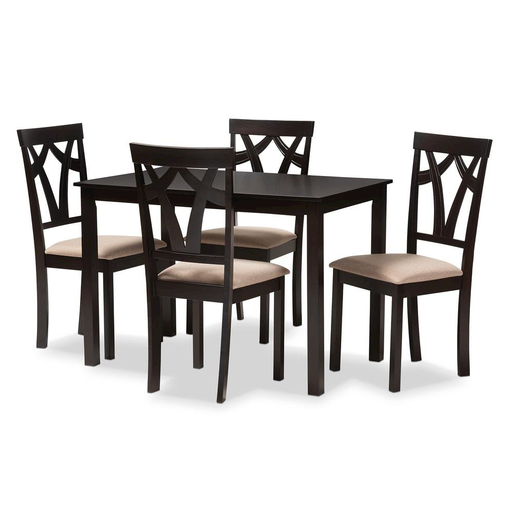 Espresso Brown Finished and Sand Fabric Upholstered 5-Piece Dining Set. Picture 5