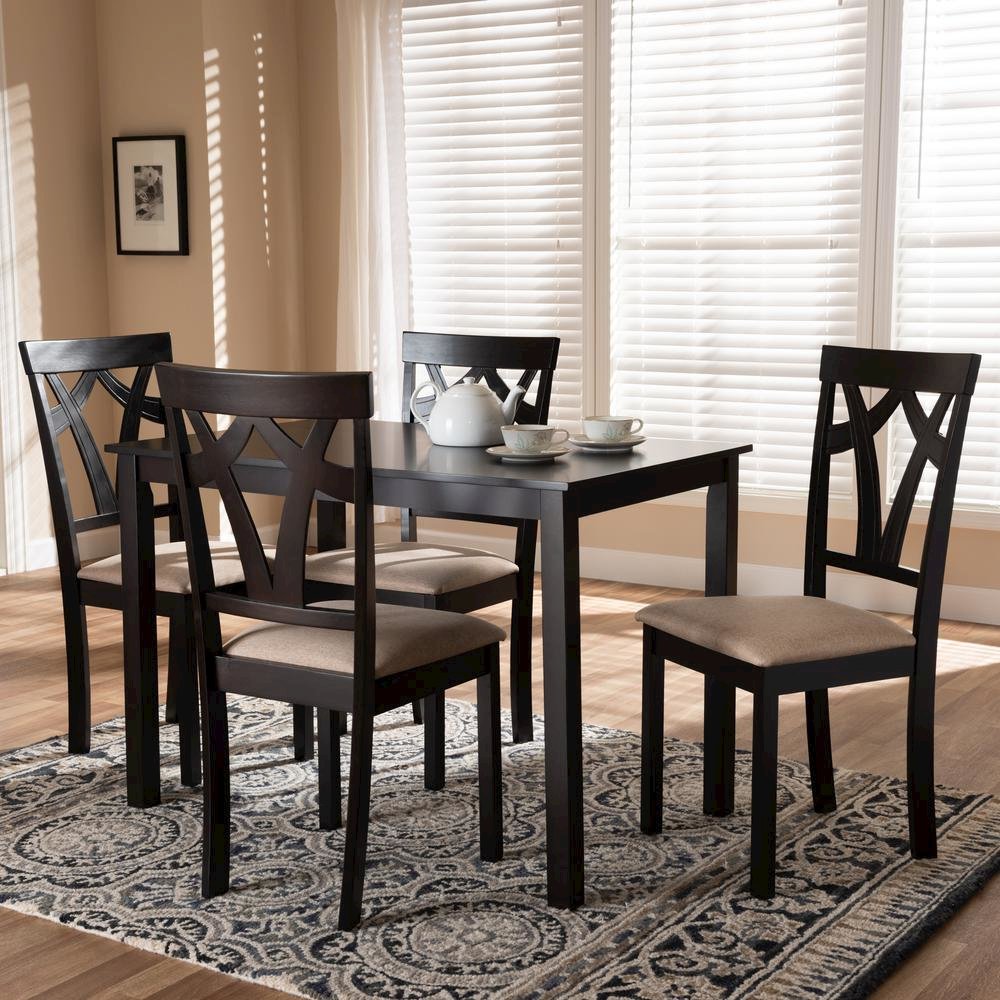 Espresso Brown Finished and Sand Fabric Upholstered 5-Piece Dining Set. Picture 6